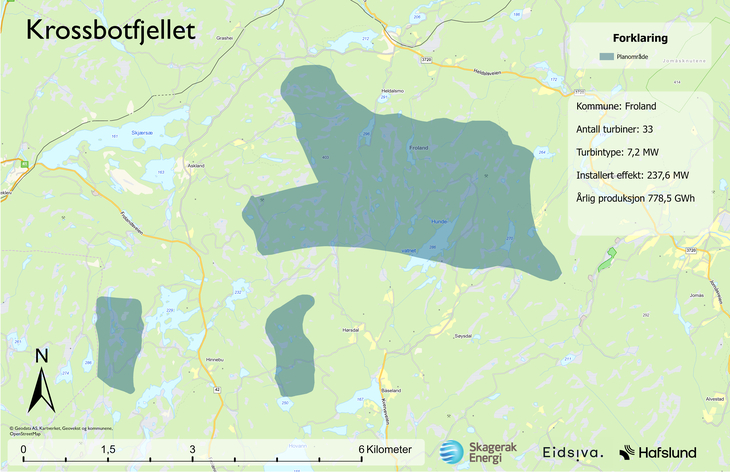  Kartutsnittet viser planområdet for mulig vindkraftutbygging i Krossbotfjellet i Froland. Skagerak Energi, Eidsiva og Hafslund. 